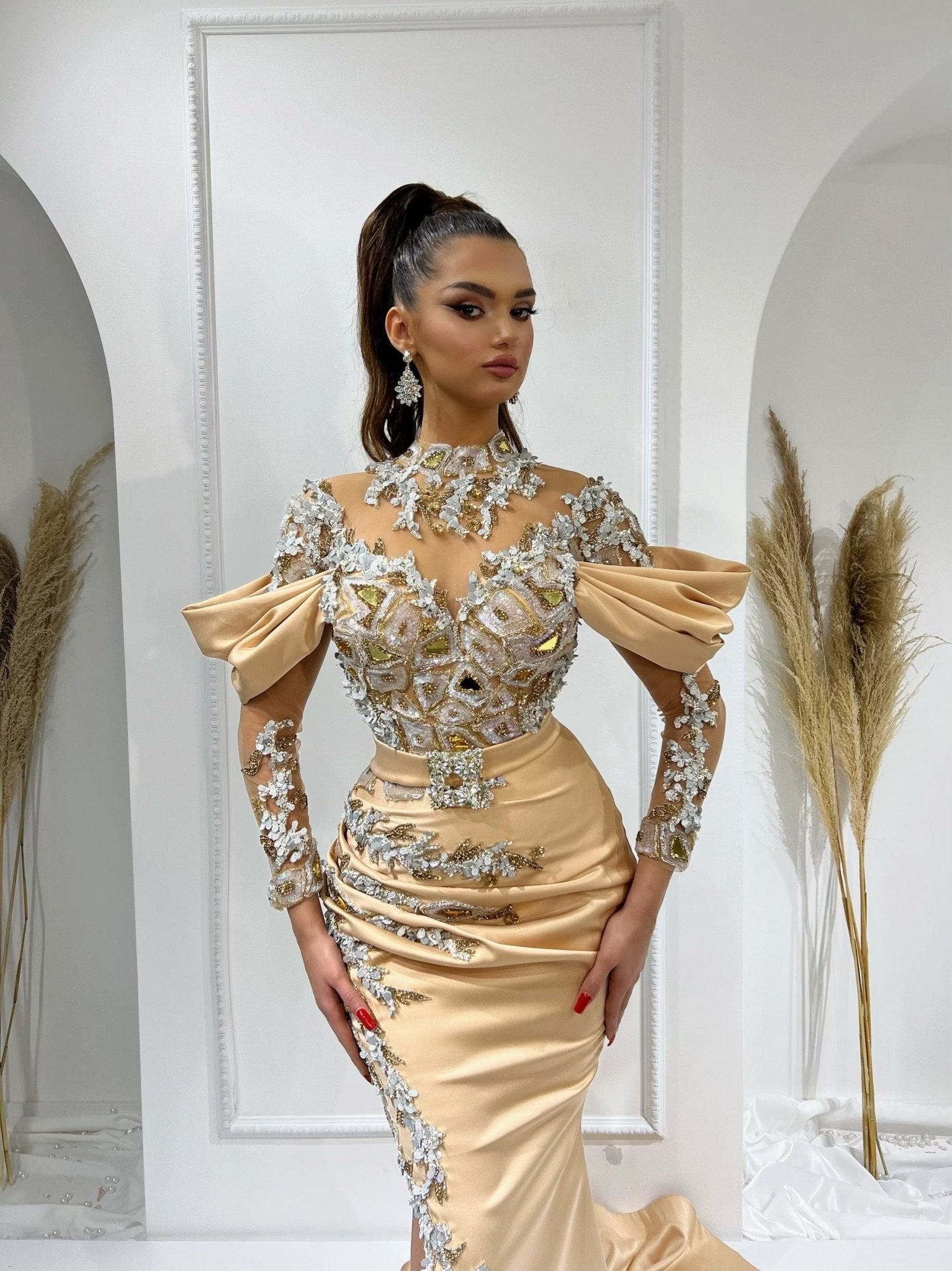 Amara High Neck Mirror-Embellished Gown - Blini Fashion House