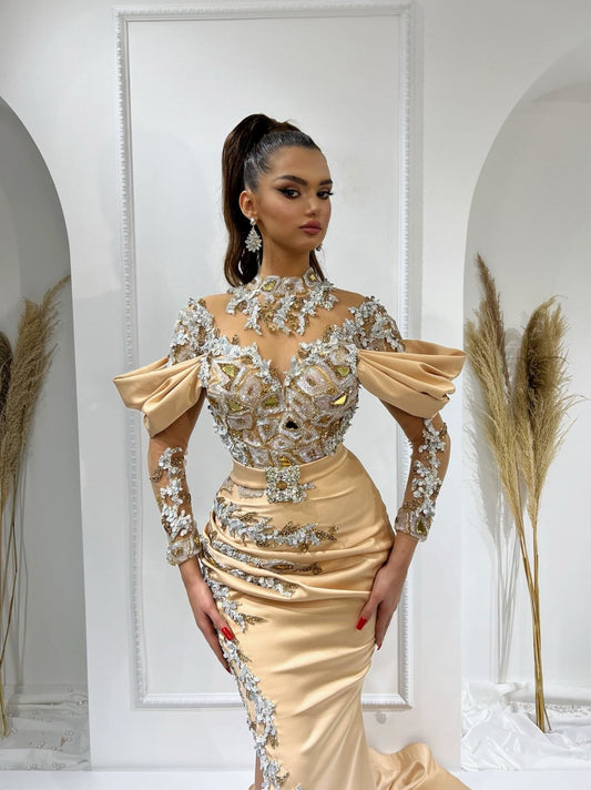 Amara High Neck Mirror-Embellished Gown - Blini Fashion House