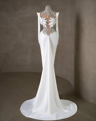 Long Sleeve Bridal Dress - Luxurious White Satin Gown Adorned with Crystals and Leaf Designs