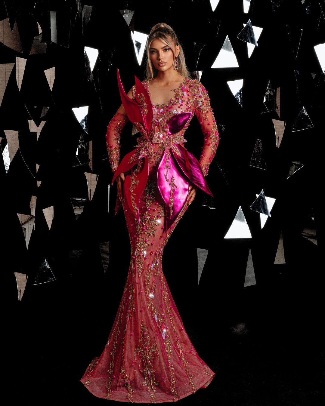 Pink dress with long sleeves and lace fabric