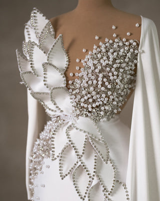 Exquisite Bodice Detail: Pearls and Crystals Adorned on White Satin Bridal Dress for a Touch of Glamour