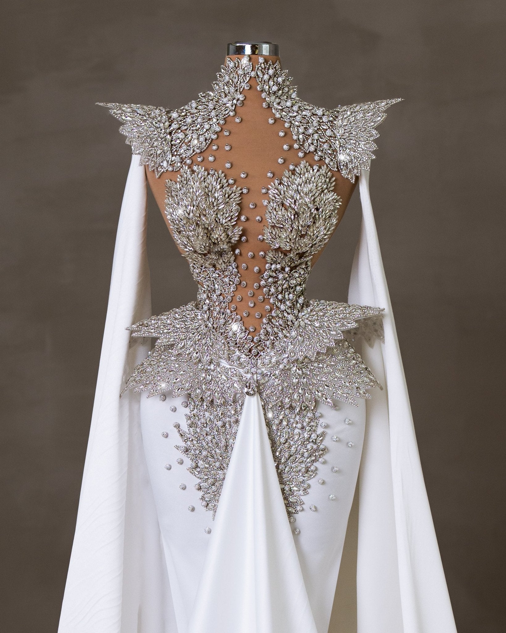 Exquisite Bridal Dress – White Satin Gown with Crystal Embellishments