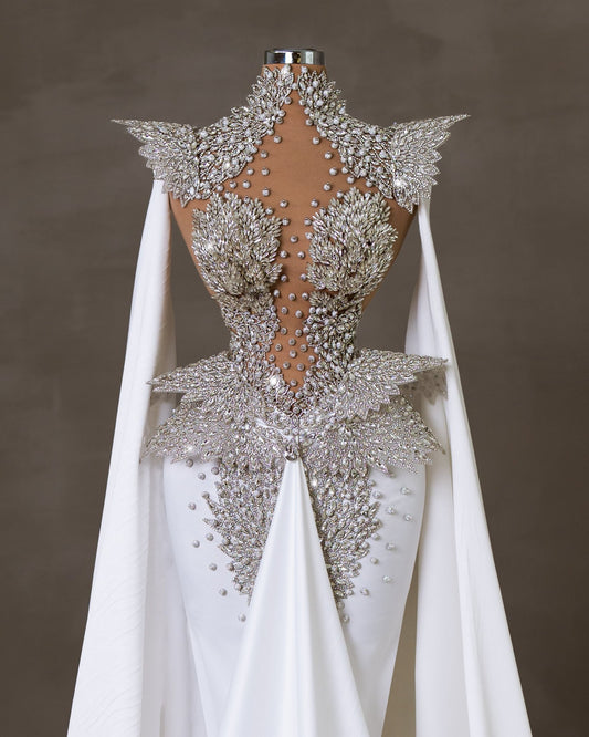 Exquisite Bridal Dress – White Satin Gown with Crystal Embellishments