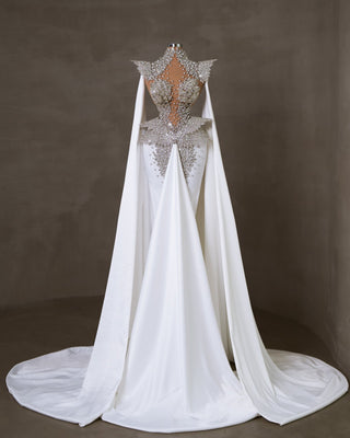 Bridal Dress in White Satin, Adorned with Shimmering Crystals