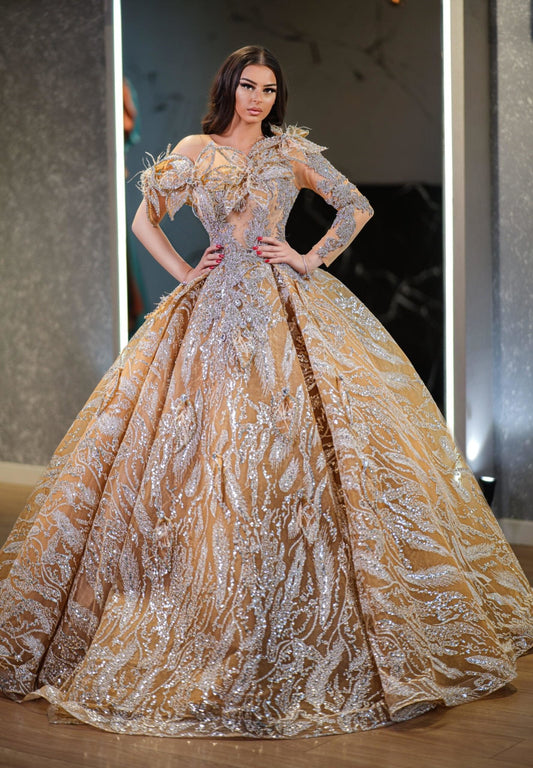 Amelia Sparkling One-Shoulder Overskirt Gown - Blini Fashion House