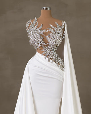 Elegant White Satin Bridal Dress Adorned with Crystals and Pearls