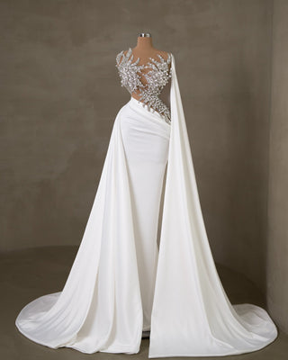 Timeless Wedding Gown - Bridal Dress with Side Cape and Tail Detail