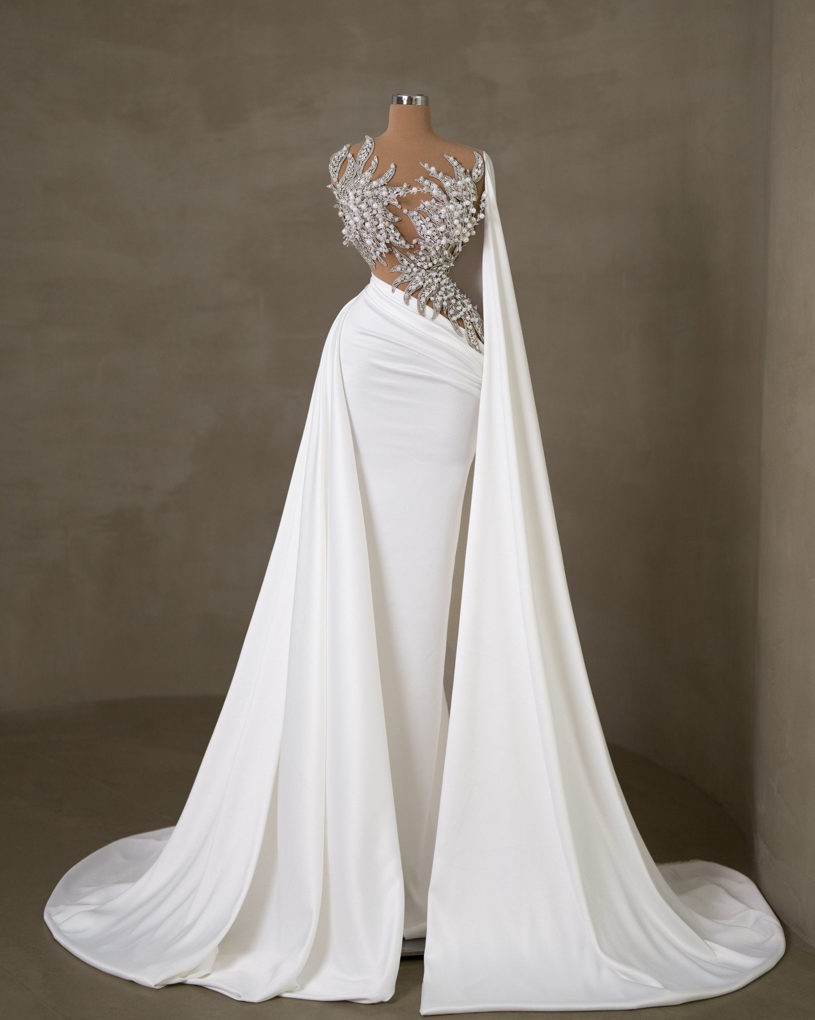 Timeless Wedding Gown - Bridal Dress with Side Cape and Tail Detail