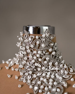 High Neck Embellished with Pearls and Crystals - Captivating Detail on Bridal Gown