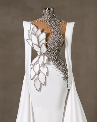 White Satin Bridal Dress with Pearl and Crystal Embellishments