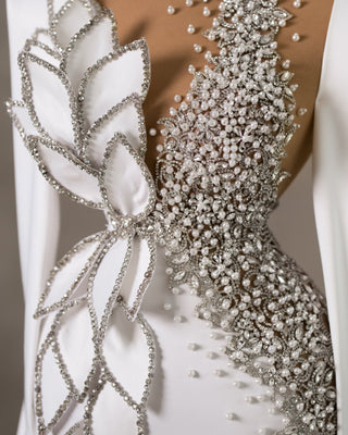 Intricate Leaf Design on Bridal Dress Bodice with Pearls and Crystals