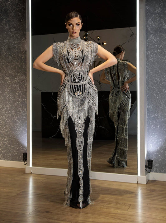 Anastasia High-Neck Dress with Embellishments - Blini Fashion House