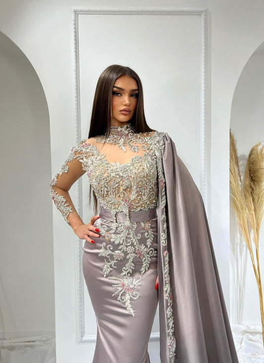 Anatase Gorgeous Dramatic Side Cape and High Neck Dress - Blini Fashion House