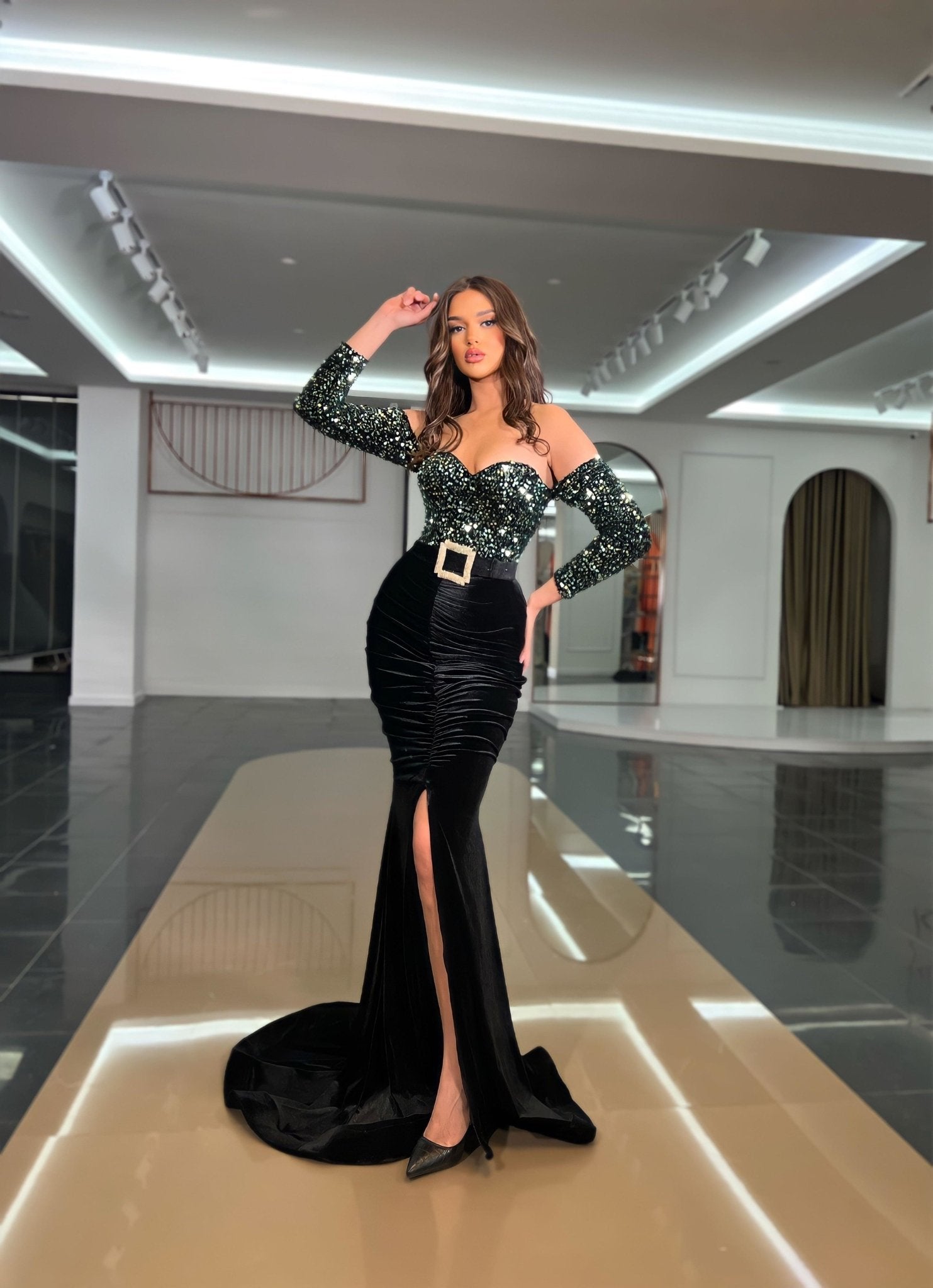 Anatase Off-Shoulder Dress with High Slit - Blini Fashion House