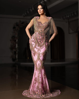 Opulent Pink Lace Evening Dress