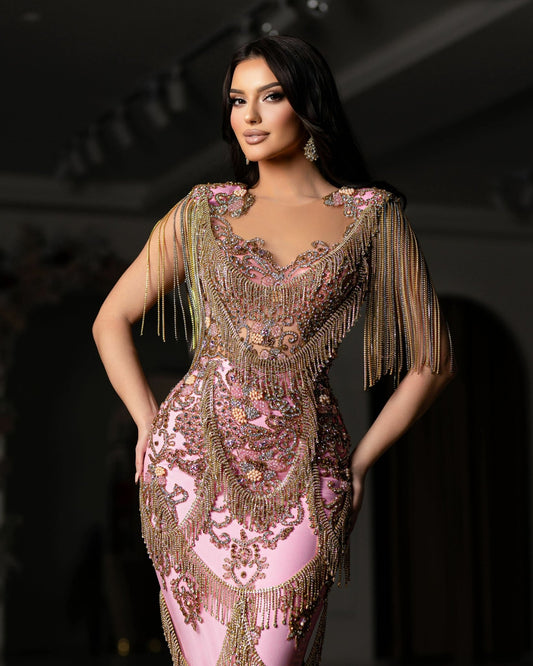 Chic Pink Dress Adorned with Stones and Tassels 