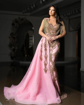 Long Pink Evening Gown with Detachable Tulle Tail