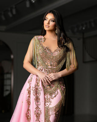 Luxurious Pink Lace Dress with Gold Embellishments