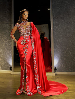 Angelina Shimmering Stone-Encrusted Cape Dress - Blini Fashion House