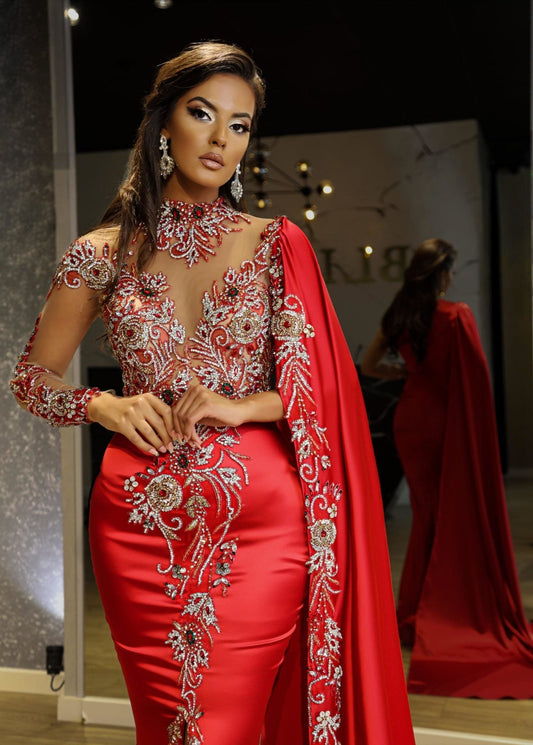 Angelina Shimmering Stone-Encrusted Cape Dress - Blini Fashion House