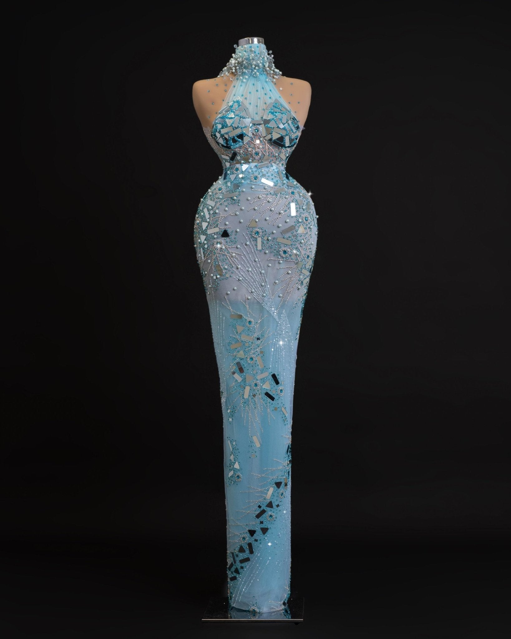 Anneliese High Neck Dress Embellished with Mirrors - Blini Fashion House