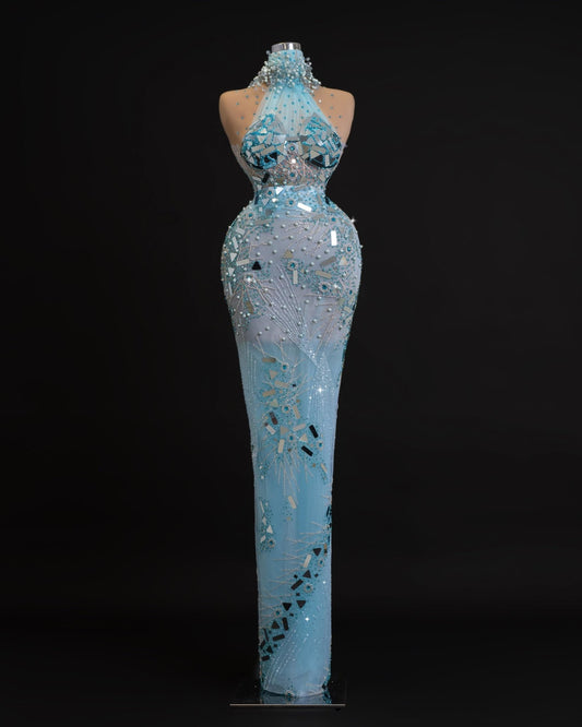 Anneliese High Neck Dress Embellished with Mirrors - Blini Fashion House