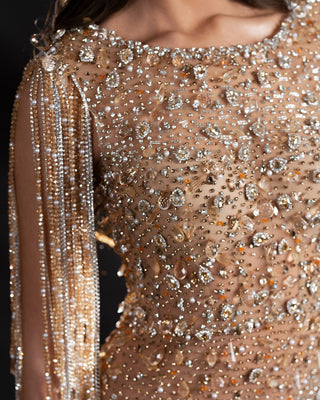 Close-Up Detail of Embellished Long Dress with Stones and Crystals