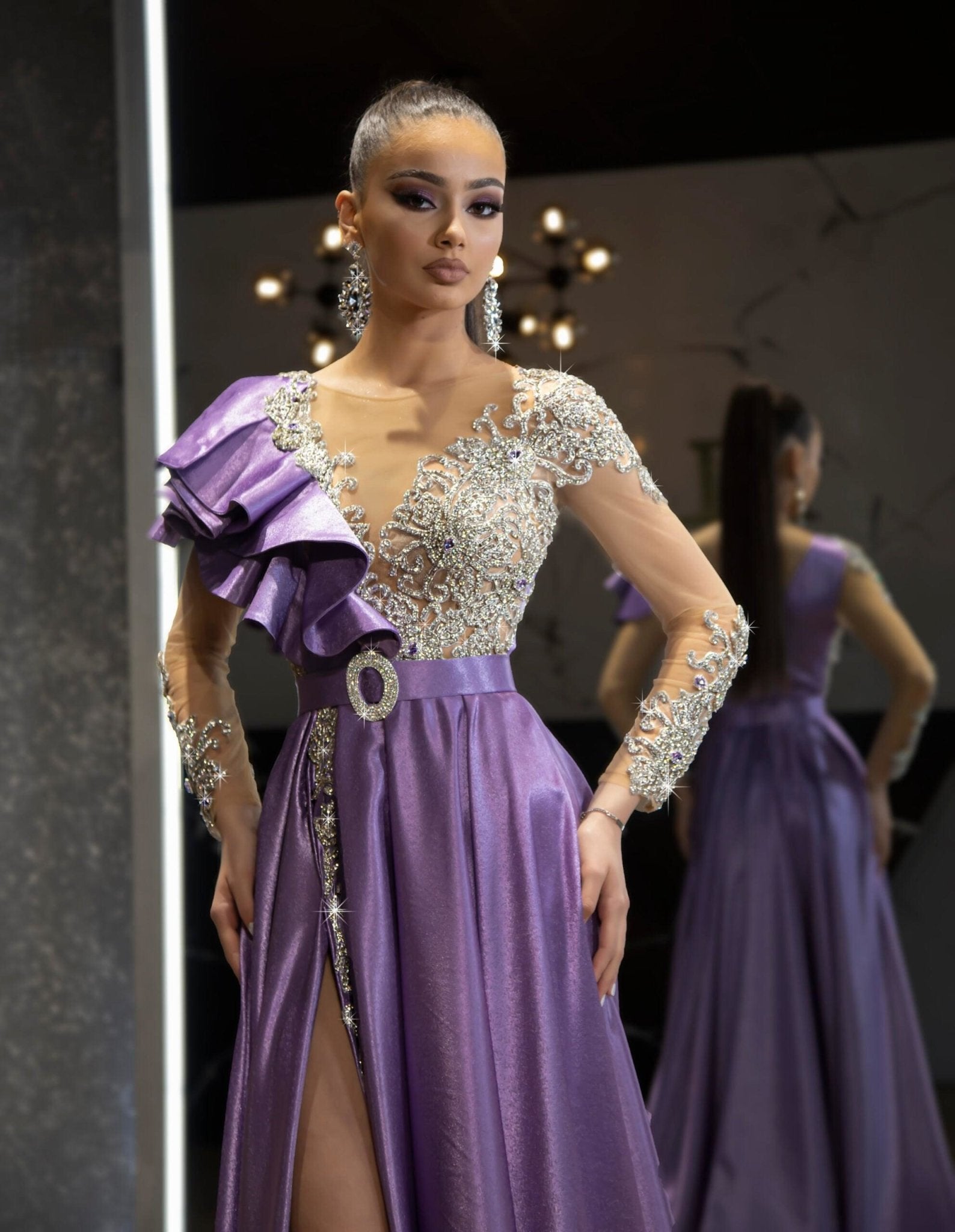 Antonella Sparkling Deep Slit Dress with Stones - Blini Fashion House