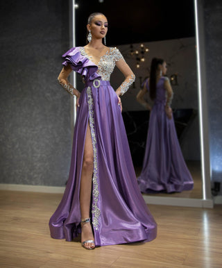 Antonella Sparkling Deep Slit Dress with Stones - Blini Fashion House