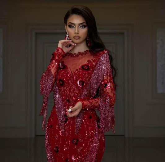 Ariana Long-sleeved Dress with Shimmering Tassels - Blini Fashion House