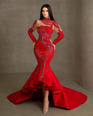Red Satin Dress with Stones - Long Sleeves, High Neck, and Dramatic Tail