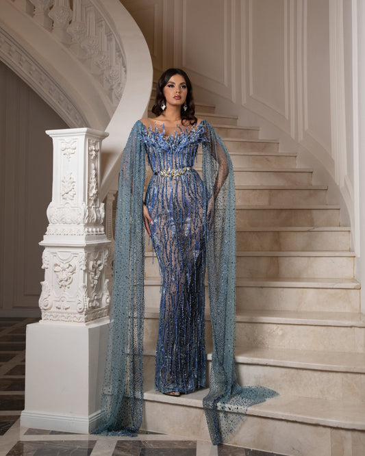 Ariel Off-Shoulder Dress with Side Cape - Blini Fashion House