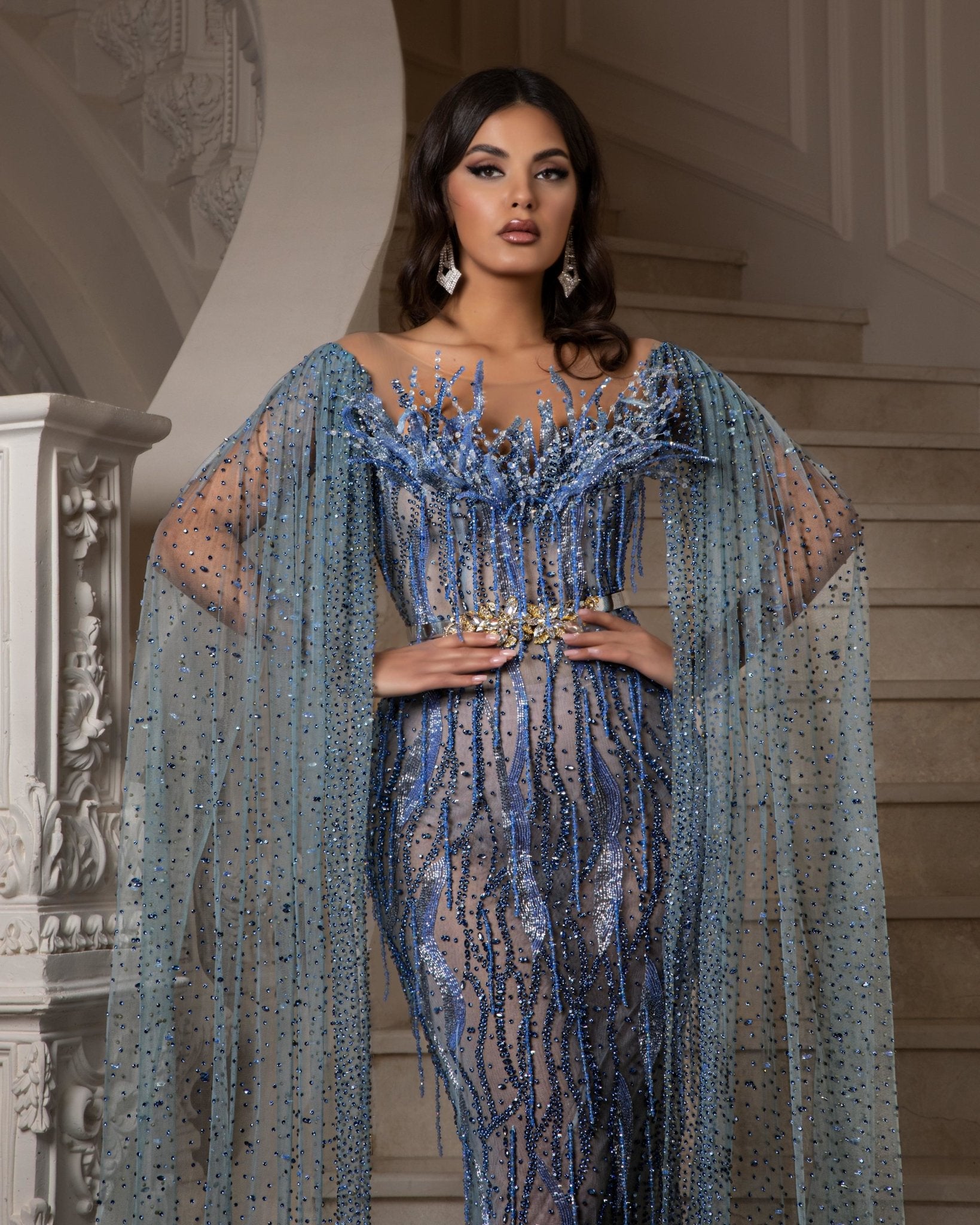 Ariel Off-Shoulder Dress with Side Cape - Blini Fashion House