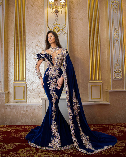 Arteta Mysterious Velvet Dress with a High Neck and Side Tail - Blini Fashion House