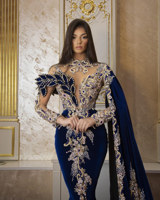 Arteta Mysterious Velvet Dress with a High Neck and Side Tail - Blini Fashion House