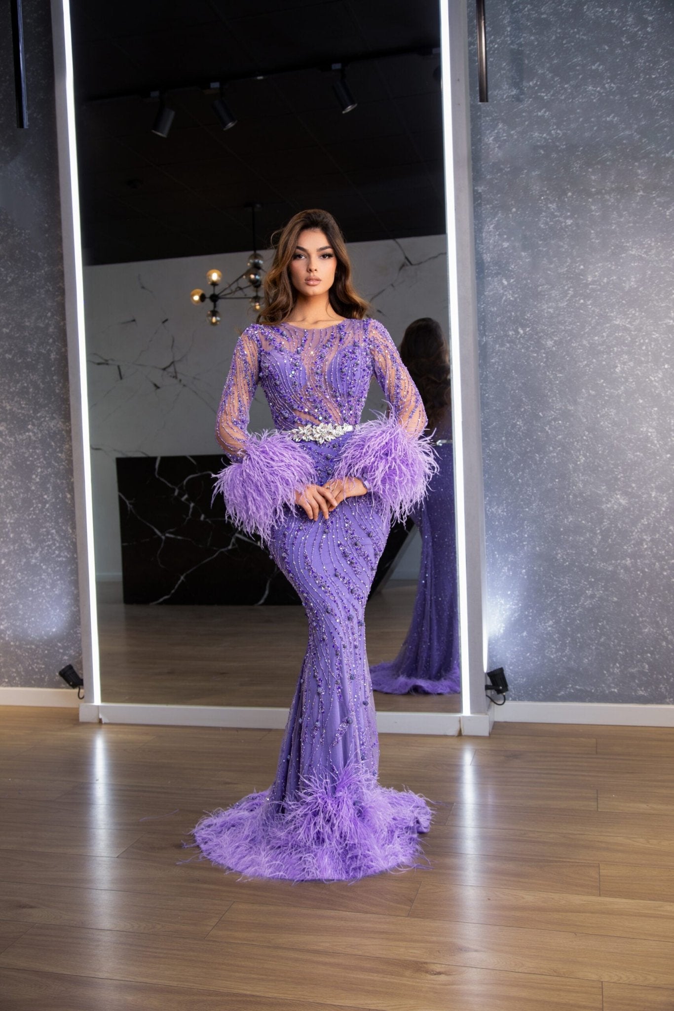 Arya Elegant Flashy Stone Formal Dress with Feather Embellishments - Blini Fashion House