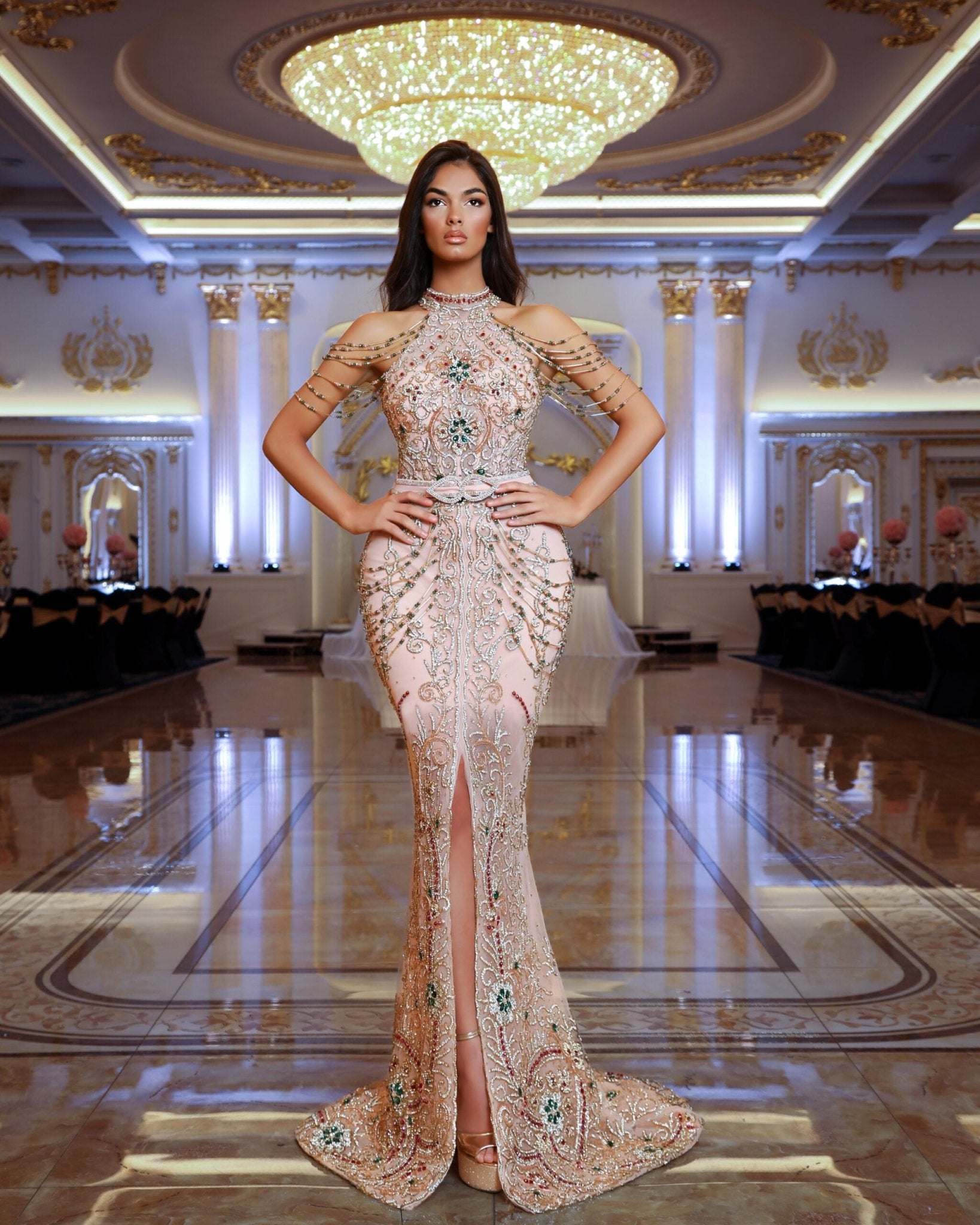 Aura High Neck Dress with Shimmering Stones - Blini Fashion House