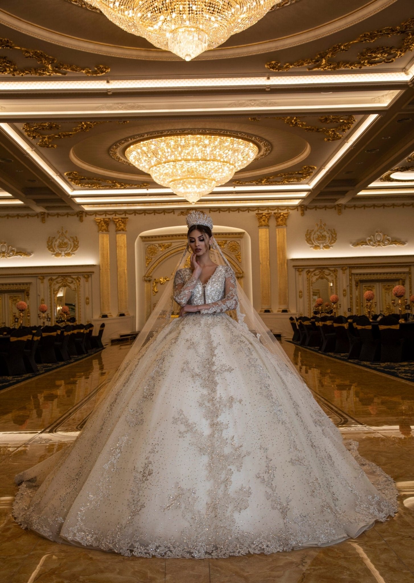 Luxurious Ball Gown Long Sleeves Crystal Beading Wedding Dress A line  Classic – Ballbella