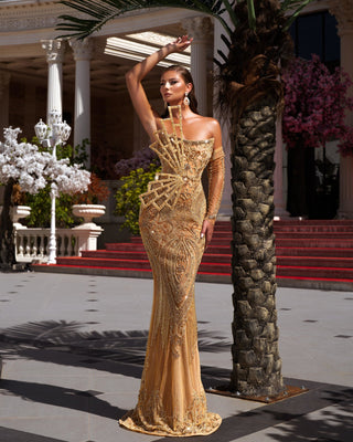 Gold Embellished One-Shoulder Dress - Intricate Gold Accents