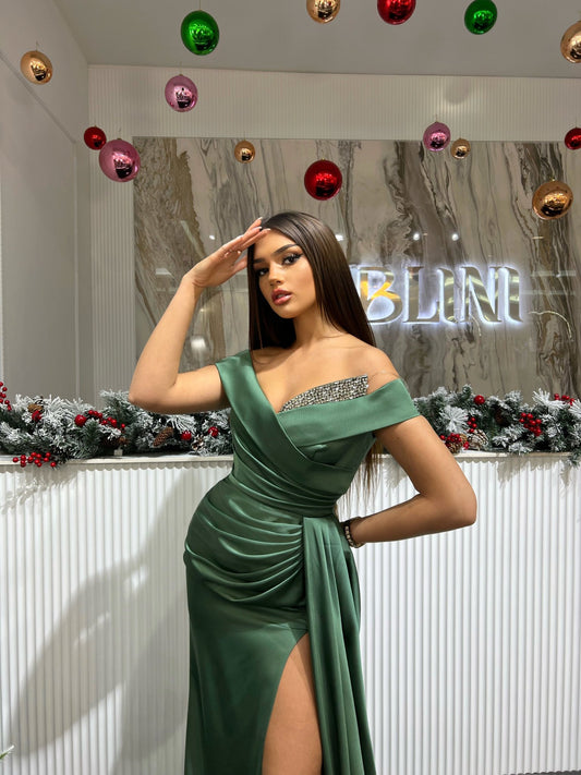 Olive Satin Dress - Elegant Evening Gown in Luxurious Earthy Hue