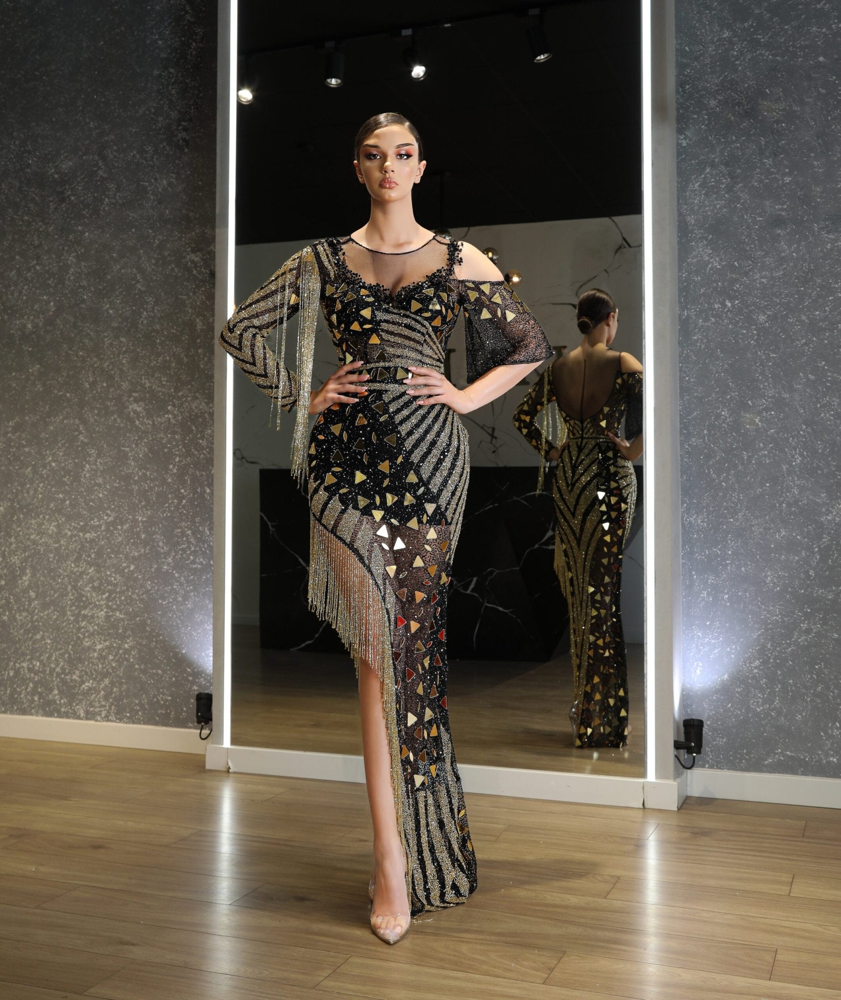 Avya Gold Mirrors Deep Slit Dress - Blini Fashion House