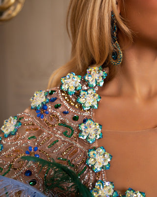 Close-up on crystalline elegance in haute couture.