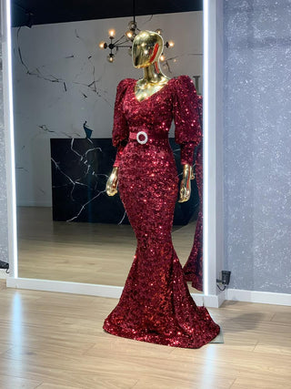 Bamboo Glamorous Puff Sleeve Sequin Gown - Blini Fashion House