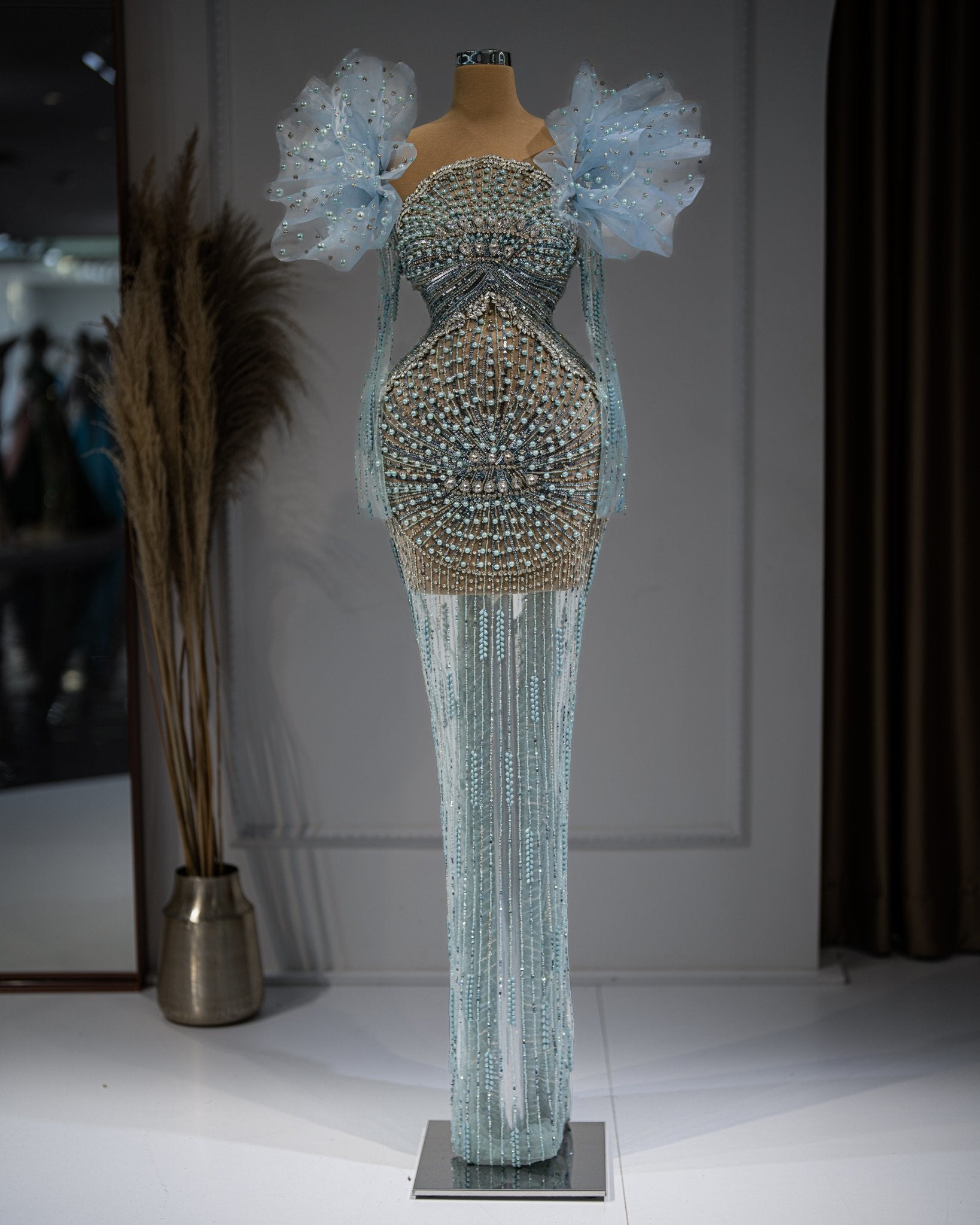 Banu Dress with a Majestic Shoulder Design and Embellishments - Blini Fashion House