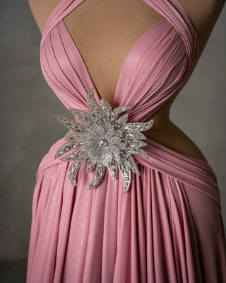 Silver Flower Embellishment on Pink Dress Close-up
