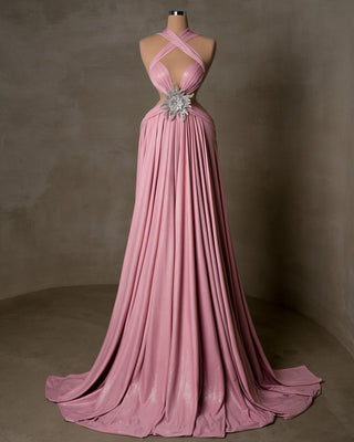Elegant Cross Neckline Pink Dress with Silver Flower Detail