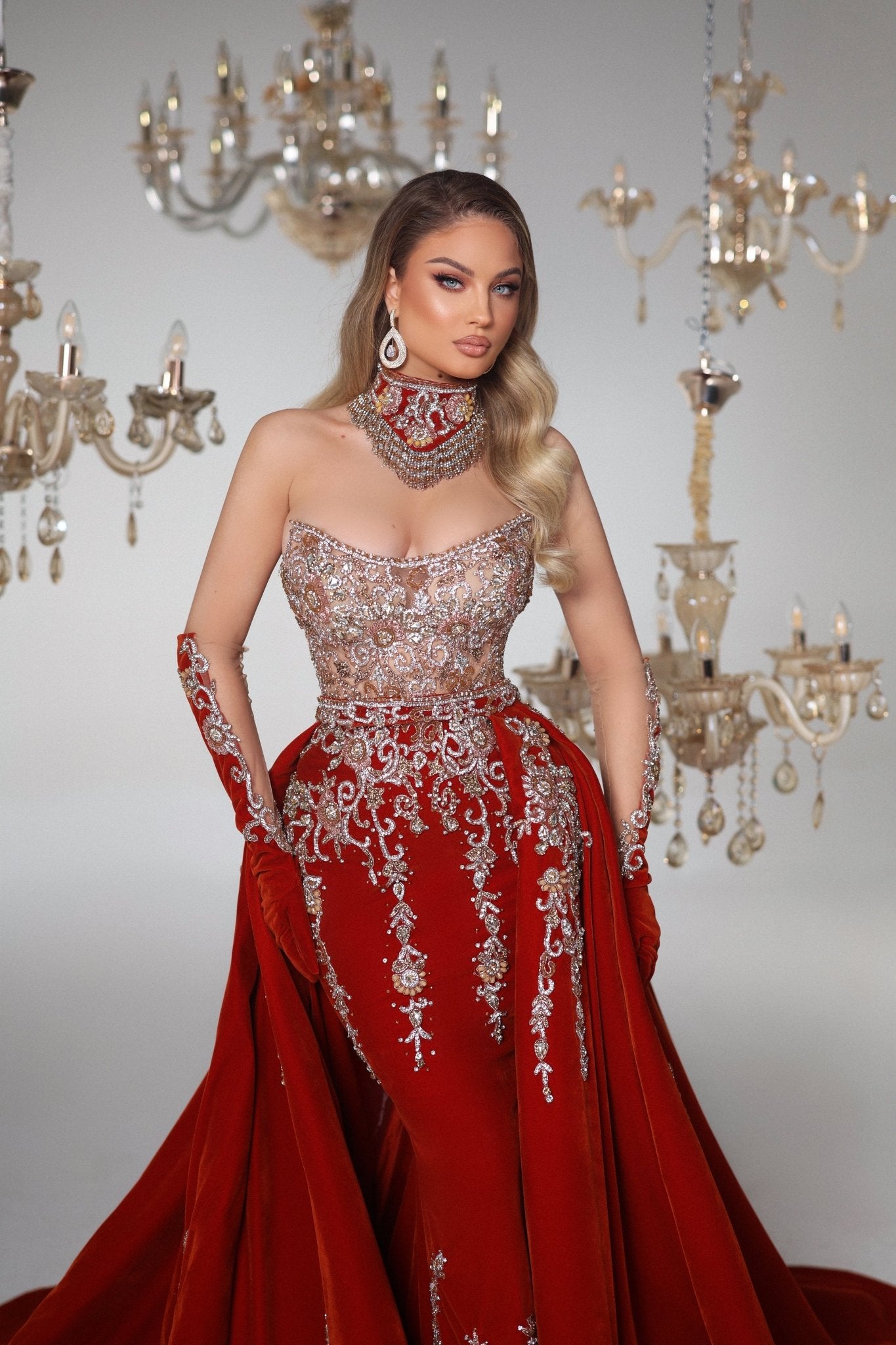 Red Dress with Silver Details Sleeveless Velvet Dress Blini Fashion House