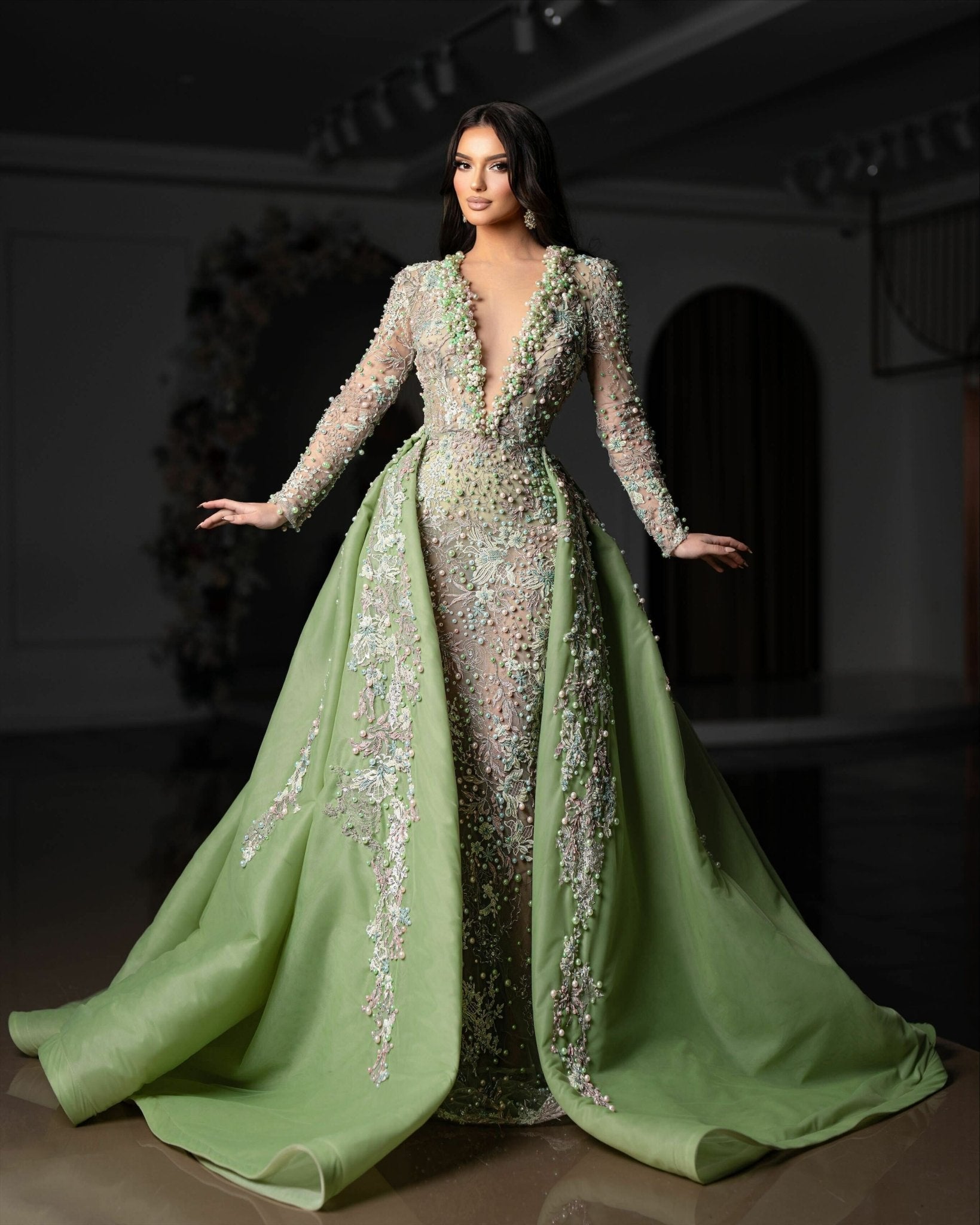 V Neck Evening Gown with Detachable Overskirt