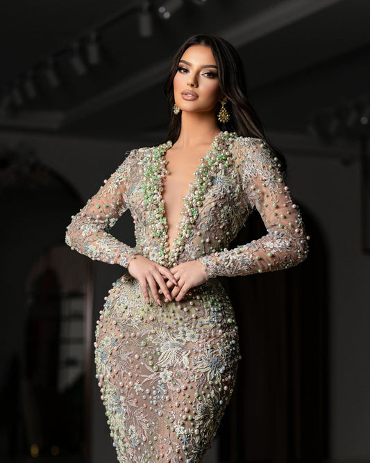 Chic V Neck Long Sleeve Dress in Elegant Light Green Lace 