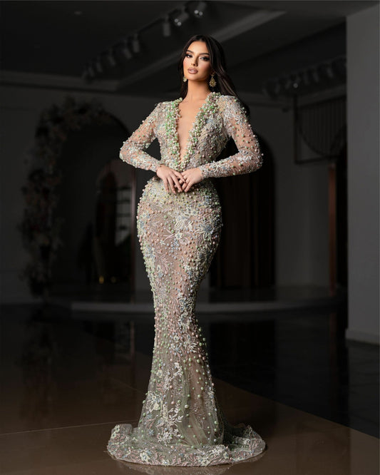 Stylish Light Green V Neck Lace Dress